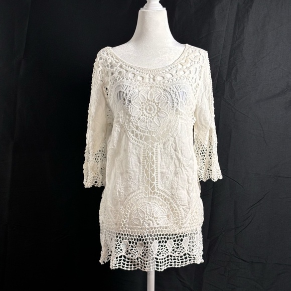 Womens open Knit Top Floral Pattern Dainty Cottagecore Country Chic Beachy SZ  M - Picture 3 of 9